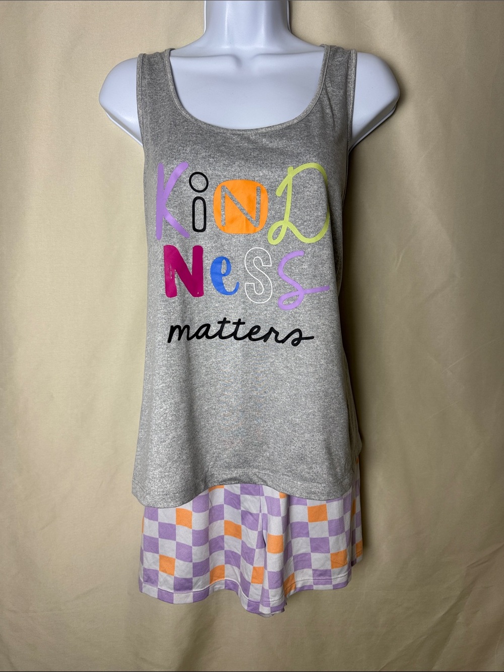 Joyspun Grey 'Kindness Matters' Tank & Checkered Shorts Pajama Set